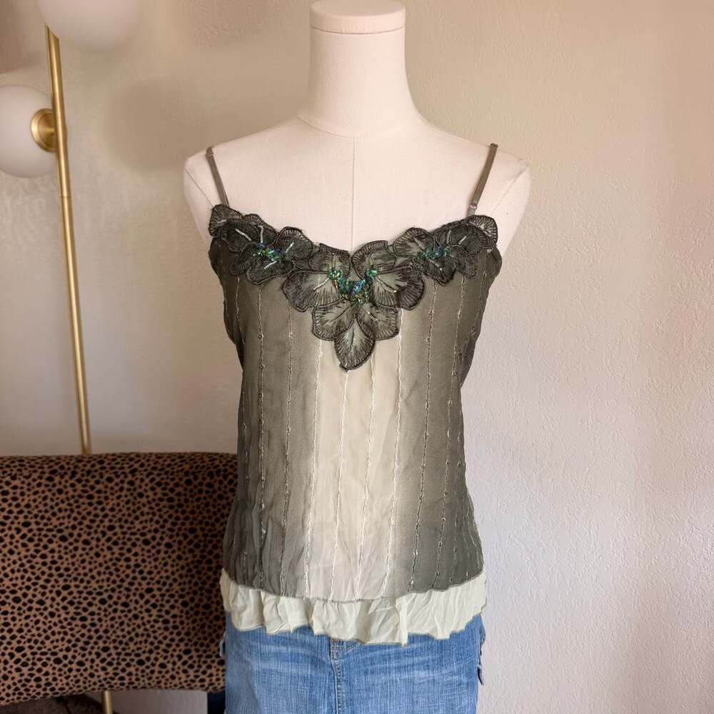 Wet Seal Cami Size S Chicro Green Beaded Embroidered Floral Sequin